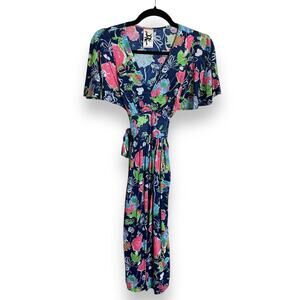 Vintage 70s Jody T California Colorful Floral Maxi Dress Flared Short Sleeve XS